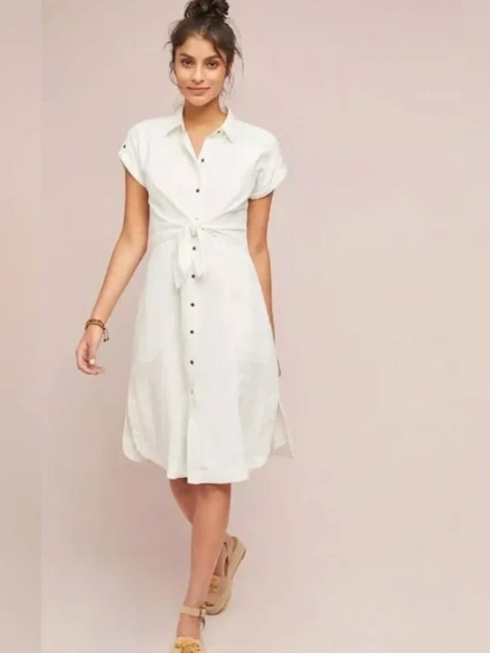 Anthropologie Maeve White Elspeth Linen Button Up Tie-Waist Shirt Dress